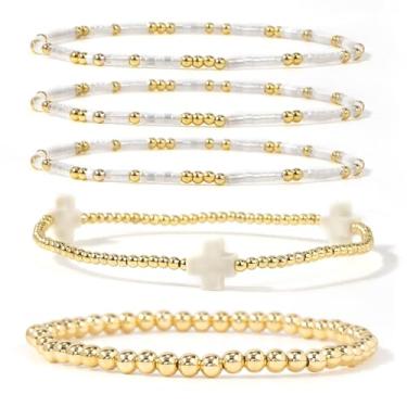 Imagem de SHINUS BOHO Conjunto de 5 pulseiras femininas com contas de ouro cruzado, pingente colorido elástico, feito à mão, amizade, joia boêmia, 7, Sem Pedra Preciosa