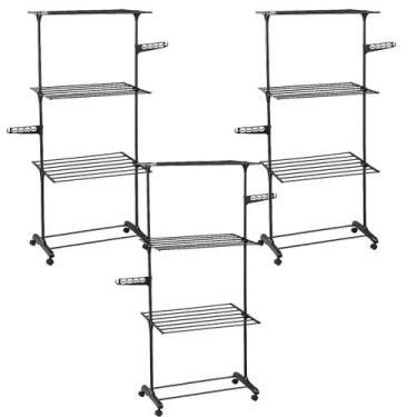Imagem de 3 Varal Chão Dobrável 3 Andares Articulado Inox Preto 160 cm Interno E