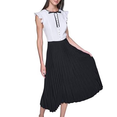 Imagem de Karl Lagerfeld Vestido midi feminino de crepe sedoso com laço e laço e detalhe de botão, Branco macio e preto, 50