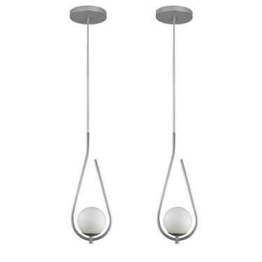 Imagem de Kit 2 Pendentes Lustres On Drop Prata Globo De Vidro Branco