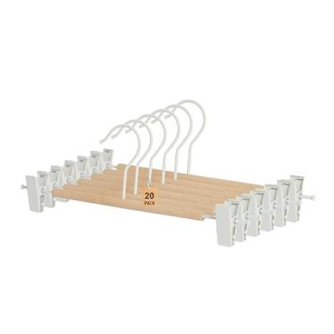 Imagem de Cabide de metal fosco premium, pacote com 20 calças de madeira de faia lisa, cabides de saia de madeira natural sólida, cabides inferiores para calças, calças jeans com 2 clipes ajustáveis