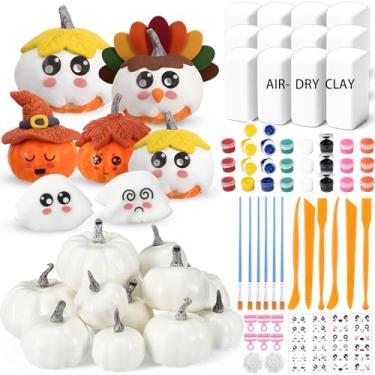 Imagem de Amyhill 12 conjuntos de kits de pintura de outono DIY Pumkin decorações, incluindo ferramenta de cerâmica de argila de abóbora branca, paleta de pincéis de tinta acrílica, adesivos de expressão para