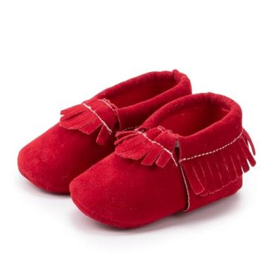 Imagem de Pantufa infantil para bebês, meninas, meninos, mocassim com borla, sapatos de camurça, primeiros andadores, sola macia, mocassim, A1 Vermelho, 12-18 Months Toddler