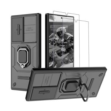 Imagem de Capa para Samsung Galaxy S23 Ultra Capinha - com [2 peças] protetor de tela de vidro temperado, com proteção deslizante da tampa da câmera e suporte, Estojo de silicone macio à prova choque