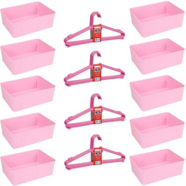 Imagem de Kit 10 Cestos Multiuso E 20 Cabides Infantil Reforçado Rosa