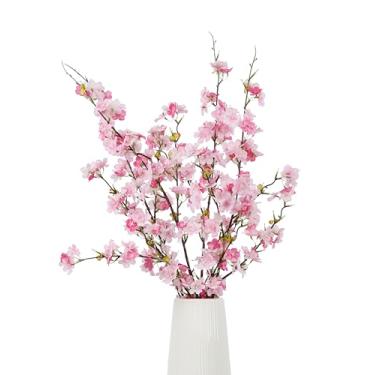 Imagem de BUZFOWU Flores de cerejeira de seda artificial (4 peças, 107 cm), ramos de toque real para casa, jardim, casamento, decoração de festa e festival, arranjos de flores faça você mesmo, rosa