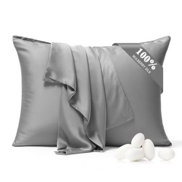 Imagem de BYDHZN Fronha 100% seda pura pacote com 2 para cabelo e pele, ambos os lados 23 Momme grau 6A+ fronhas de seda amoreira com zíper oculto, fronhas refrescantes macias e suaves (cinza, Queen 20 x 30)