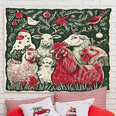 Imagem de YTRGI Tapeçaria de Natal de frango, decoração de Natal de casa de fazenda vermelha e verde, tapeçaria vintage de galinha e veado para pendurar na parede para decoração de quarto de casa, sala de estar