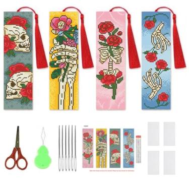 Imagem de NEGEKFKX Kit de 4 peças de marcadores de página de ponto cruz de esqueleto para iniciantes adultos, kits de ponto cruz de flor de crânio, 14 quilates, kits de ponto de cruz faça você mesmo, kit de