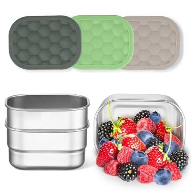 Imagem de Homikit Pacote com 3 recipientes de lanche para crianças, lancheira infantil de aço inoxidável 18/10 com tampas de silicone, conjunto de recipientes de alimentos Bento reutilizável para creche escolar