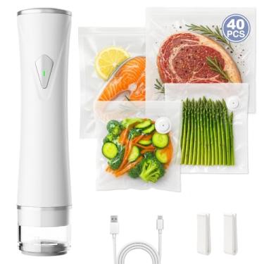 Imagem de Seladora a vácuo para alimentos com tanque de água visível, potente máquina seladora a vácuo compacta portátil com 40 sacos reutilizáveis, seladora de alimentos portátil branca
