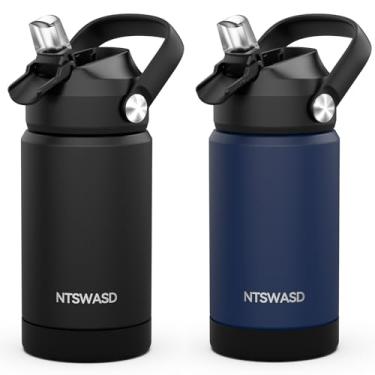 Imagem de Ntswasd Garrafa de água isolada para meninos com canudo, copos infantis de 340 g com aço inoxidável à prova de vazamento para creche escolar (pacote com 2, preto + azul)