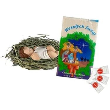 Imagem de Estatueta de Presépio de Bebê Jesus Deitado no Feno Natural (10 cm) e WAFERS de Natal (2 grandes/3 pequenos) Jezus na Sianku & Oplatki