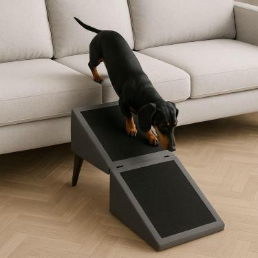 Imagem de Banqueta Pet Dobrável Cinza Vira Rampa Para Cães Gatos Protege Articulações Tecido Acquablock
