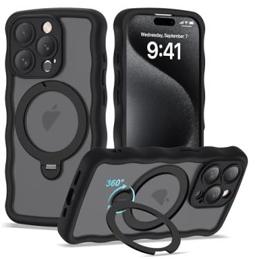 Imagem de BTBTCASE Capa compatível com iPhone 15 Pro com anel magnético rotativo de 360° e suporte invisível, compatível com Mag-Safe, linda capa protetora para celular em forma de moldura ondulada translúcida