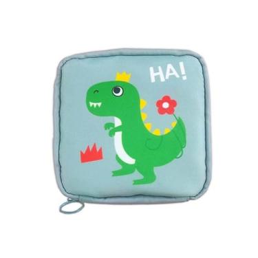 Imagem de Necessaire Feminina Porta Absorvente e Cosméticos, Estampa Dinossauro Verde, Material Poliéster, 10x10x5cm, Design Compacto, Azul Claro