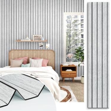 Imagem de STICKEEP Painel de ripas de madeira sintética branco/cinza autoadesivo PVC Peel and Stick Wood Slat papel de parede 30,5 cm x 508 cm