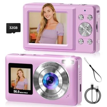 Imagem de Câmera digital, tela dupla de 56 MP com foco automático, captura de sorriso, antirvibração, zoom de 16x, cartão SD de 32 GB, presente Digicam para meninos, meninas e adolescentes