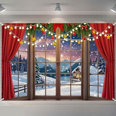 Imagem de Pano de fundo de fotografia para janela de Natal, inverno, árvore de neve, cortina vermelha, cenário de fotos de Natal, adereços de estúdio para decoração de banner 182 x 111 cm