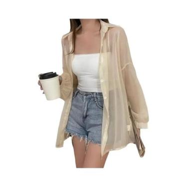 Imagem de Camisa Feminina de Chiffon Manga Comprida - Branca, Transparente e Sol