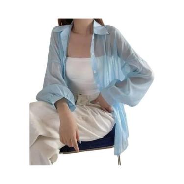 Imagem de Camisa Feminina de Chiffon Manga Comprida - Branca, Transparente e Sol