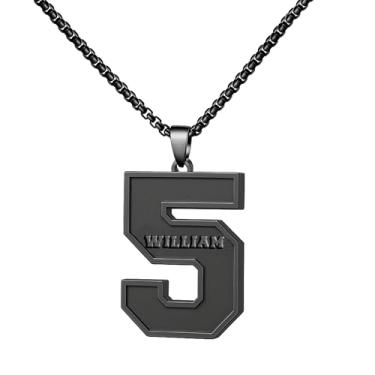 Imagem de Ldurian Colar com nome de número personalizado, pingente de corrente de número esportivo para homens, colares de nome de atletas personalizados 00-99 preto presente de aço inoxidável para homens