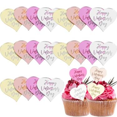 Imagem de 20Pcs Happy Valentine's Day Cupcake Topper Acrylic Heart Cake Disc Mirror Picks Engraved Cake Topper Cupcake Decorations Baking Dessert Wedding Anniversary Party Supplies