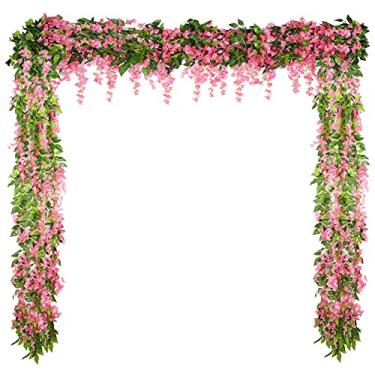 Imagem de Syhood 4 peças de 6 metros no total de videira artificial guirlanda de glicínia artificial casamento glicínia flor para pendurar arco de casamento casa jardim festa decoração ao ar livre (rosa)