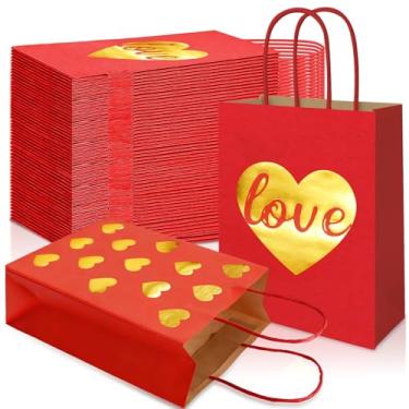 Imagem de FOGWOWO 24 peças de sacos de presente de dia dos namorados folha dourada amor coração presente sacos de papel kraft com alças doces sacos de presente de chocolate para casamento, aniversário, férias