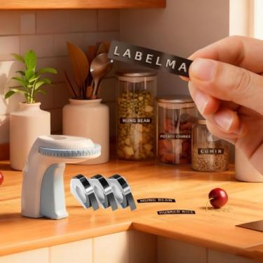 Imagem de Máquina de fazer etiquetas em relevo com fitas, etiquetadora manual em relevo 3D com 3 rolos de 9 mm x 3 m de etiquetas para casa e escritório, branco e azul