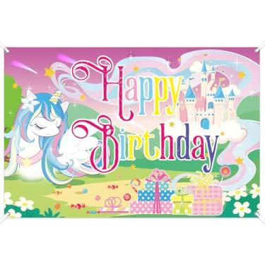 Imagem de Banner de Fundo para Aniversário com Tema Unicórnio, 150x100cm Decoração Aniversário com Tema Desenho Animado Banner Fundo de Unicórnio Arco-Íris Adega Fotos para Festa Infantil
