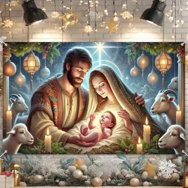 Imagem de BlissYard Faixa de presépio 188 x 109 cm Sagrada Família Bebê Jesus Nascimento Natal Pano de Fundo Religioso Manjedoura com Lanternas e Ovelhas para decoração de parede interna e externa, celebração