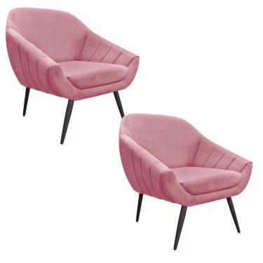 Imagem de Kit 02 Poltronas Giovana Suede Rose Pés Palito Ferro Drossi