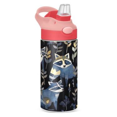 Imagem de Blueangle Garrafa de água isolada de guaxinins pretos escuros de aço inoxidável com tampa de canudo - Garrafa esportiva reutilizável e portátil à prova de vazamento para viagens, ao ar livre (505)