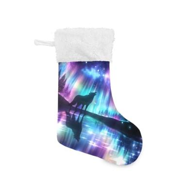 Imagem de Blueangle 1 pacote com 17,7 polegadas Aurora Boreal Lobo Meias de Natal para decorações de festas de fim de ano, porta-presentes e meias (173)