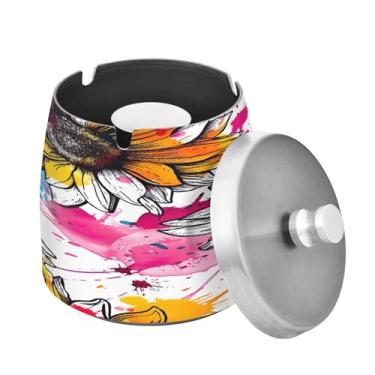 Imagem de Blueangle Lindo cinzeiro de girassóis com tampa para cigarros, à prova de vento/chuva, aço inoxidável, sem fumaça, inodoro, cinzeiro para uso interno ou externo (479)