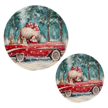 Imagem de Blueangle 2 peças de suporte de panela vintage vermelho para carro - conjunto de pegadores de panela de tecido redondo - almofadas quentes trançadas de algodão - porta-copos - tapetes de mesa para