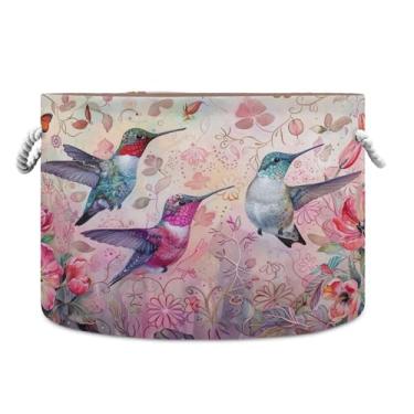 Imagem de SEHANY Cesta redonda grande de flores e pássaros com alça de corda, cesto de roupa suja de lona para armazenamento de cobertores, cesta de armazenamento de berçário infantil para quarto de banho