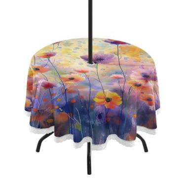 Imagem de ATTX Toalha de mesa redonda com pintura de flores coloridas ao ar livre – 152 cm, impermeável, à prova de derramamento, uso interno/externo, com orifício para guarda-chuva com zíper para acampamento