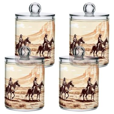 Imagem de ATTX Dispensador de suporte Qtip Western Cowboys para bola de algodão, cotonete, frasco de boticário de plástico transparente, pote de armazenamento de cozinha para decoração de casa, pacote com 4