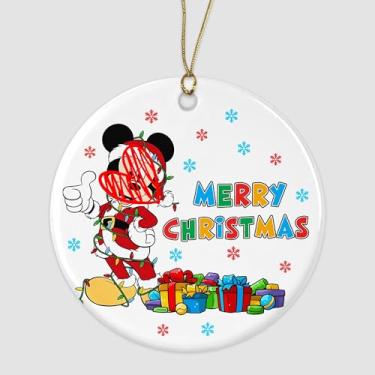 Imagem de VPDande22 Enfeite de cerâmica de desenho animado de Papai Noel, decoração fofa de Natal inspirada no desenho animado de pato, cachorro e mouse estilo Mickey, enfeite de dupla face para crianças