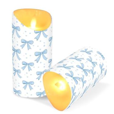 Imagem de Blueangle Pacote com 2 velas sem chama Blue Bows com controle remoto e temporizador, velas LED cintilantes (7,6 cm x 15 cm) para decoração de casa, casamento, acampamento (852)