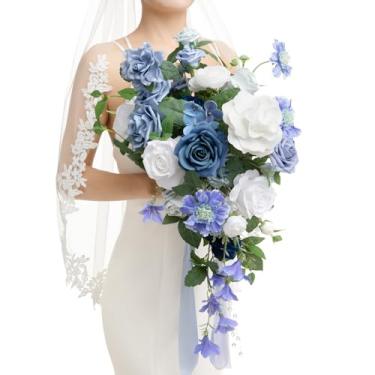 Imagem de Ling's moment Buquê de noiva azul empoeirado em cascata, buquês de casamento azuis para noiva, buquês de noiva de 33 cm para buquês de flores artificiais de casamento