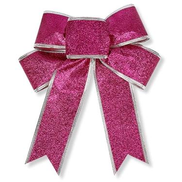 Imagem de Arcos de Natal rosa choque árvore de Natal arco árvore topper grande laço glitter árvore de Natal rosa vermelho grande arco de guirlanda suprimentos para festas de fim de ano