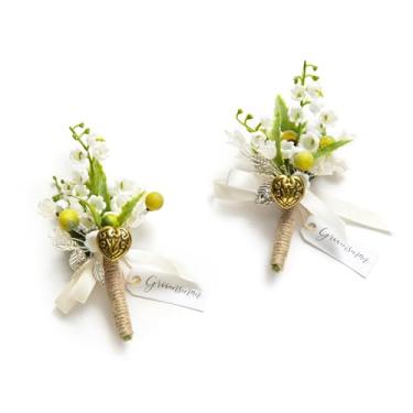 Imagem de Ling's moment Boutonniere para homens, 2 peças de flores artificiais para casamento/formatura/baile, etc. Sálvia branca