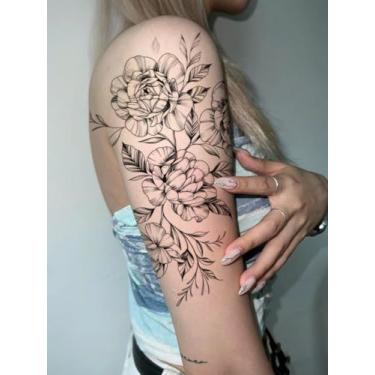 Imagem de Preto elegante padrão de folhas de peônia lembrancinhas de festa tatuagens temporárias presente de feriado braço ombro clavícula abdominal traseira perna temporária impermeável tatuagem adesivo 1