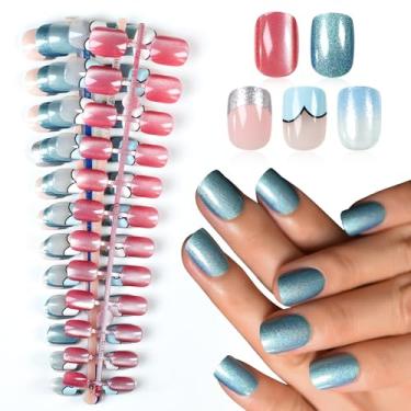 Imagem de 120 peças de unhas postiças curtas pré-design azul verde kit de decoração de unhas cosméticas para arte de unhas DIY, inclui 5 conjuntos de unhas, 5 adesivos de unha, 1 mini lima, 1 bastão de madeira