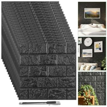 Imagem de 30 peças de papel de parede de tijolo 3D descascar e colar, painéis de parede de tijolo falso de espuma preta de 21,8 x 11,20 cm, autoadesivo decorativo à prova d'água para decoração de parede