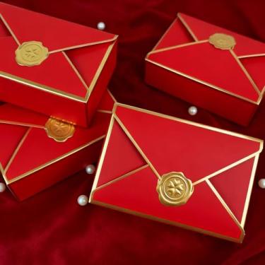 Imagem de 10 peças de caixas de presente em formato de envelope vermelho, embalagem elegante de lembrancinha de festa, para casamento, aniversário, chá de panela, eventos românticos