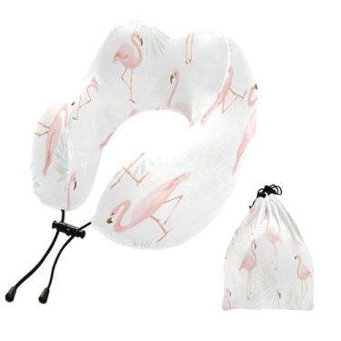 Imagem de CEBUGI Travesseiros de viagem portáteis em forma de U, travesseiro de pescoço de espuma viscoelástica com trava de corda ajustável para avião, viagem, trem, negócios, escritório, soneca (flamingos)
